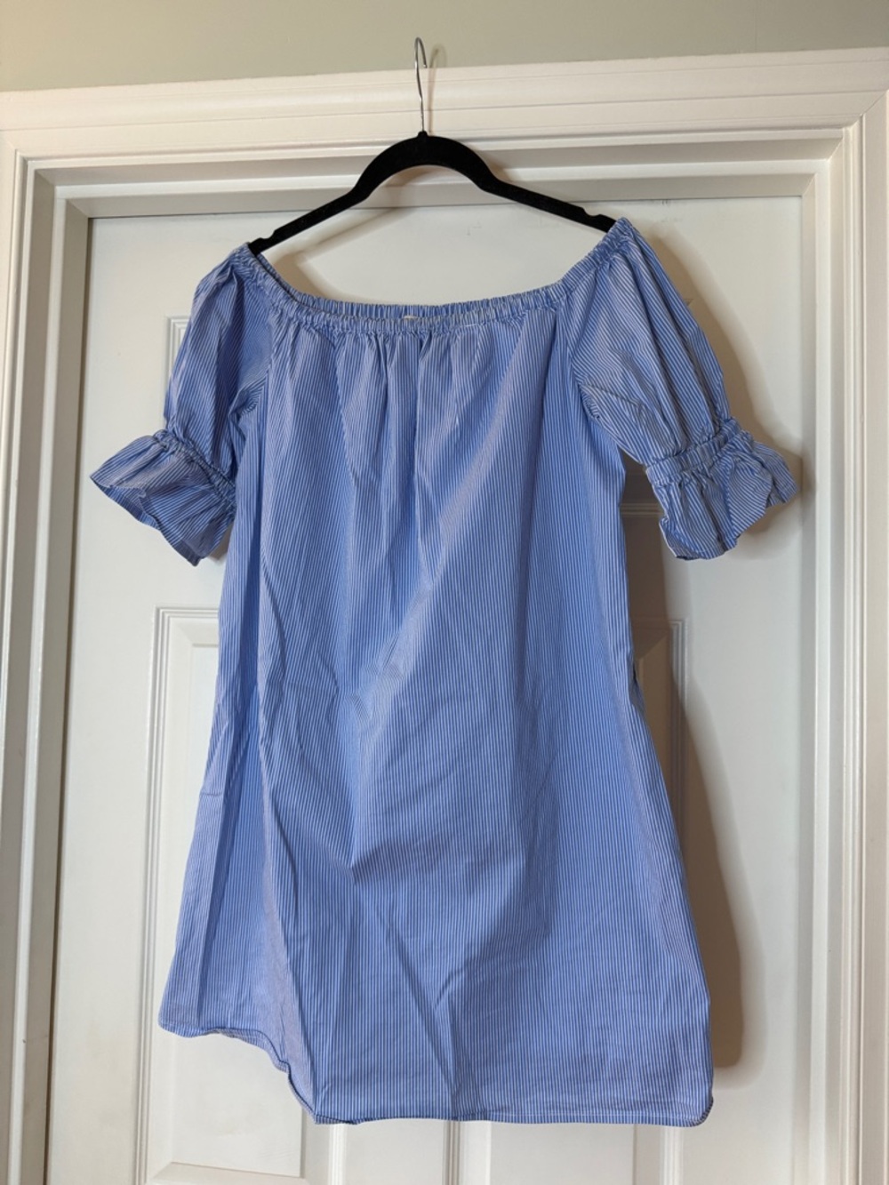 1. State Blue and White Striped Off-Shoulder Dress